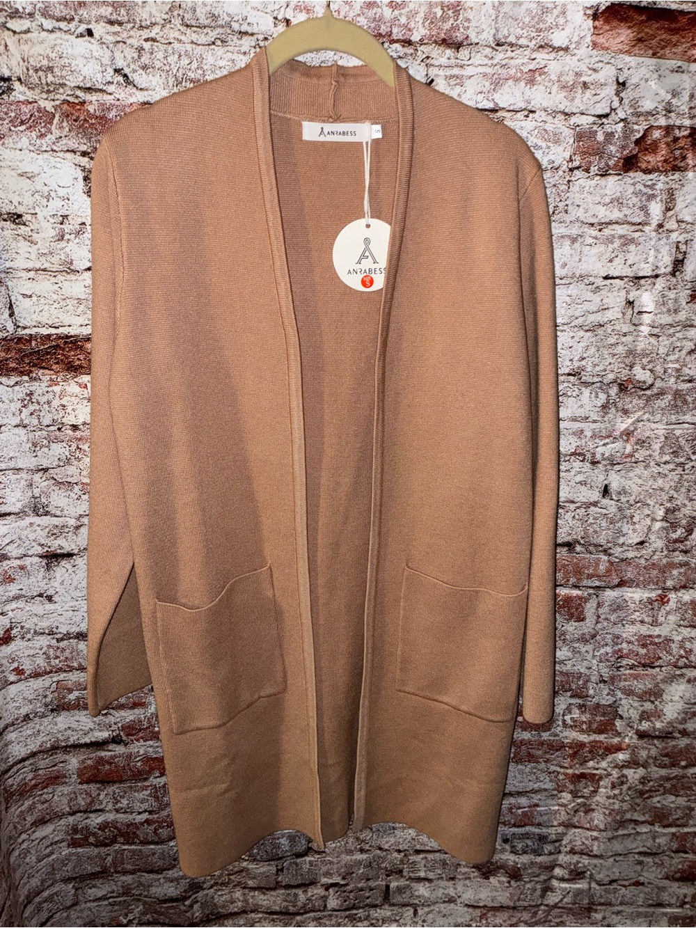 Anrabess Open-Front Camel Cardigan with Pockets